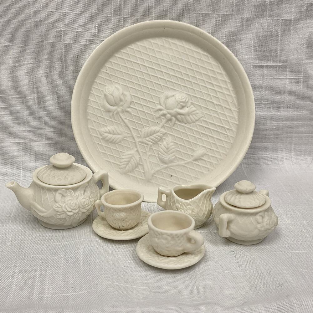 Vintage Miniature Ceramic Tea Set White Floral Embossed Teapot Cups Tray Dollhou